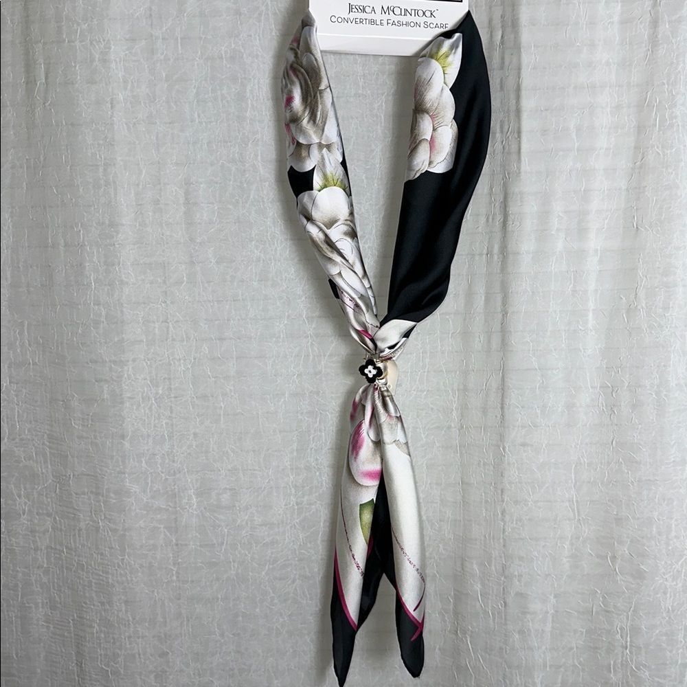 JM White Black Pink Green Magnolia Floral Hair Neck Scarf & Clover Floral Ring